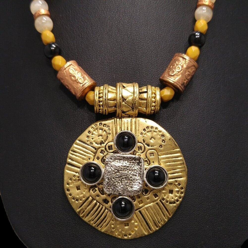 Vintage Artisan Medallion Lucite Beaded Necklace, Gold Tone Pendant, 16 Inches